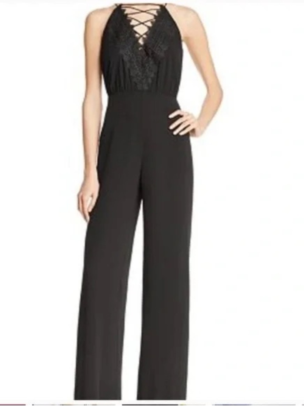 Wayf Black Lace-Up Halter Wide-Leg Jumpsuit